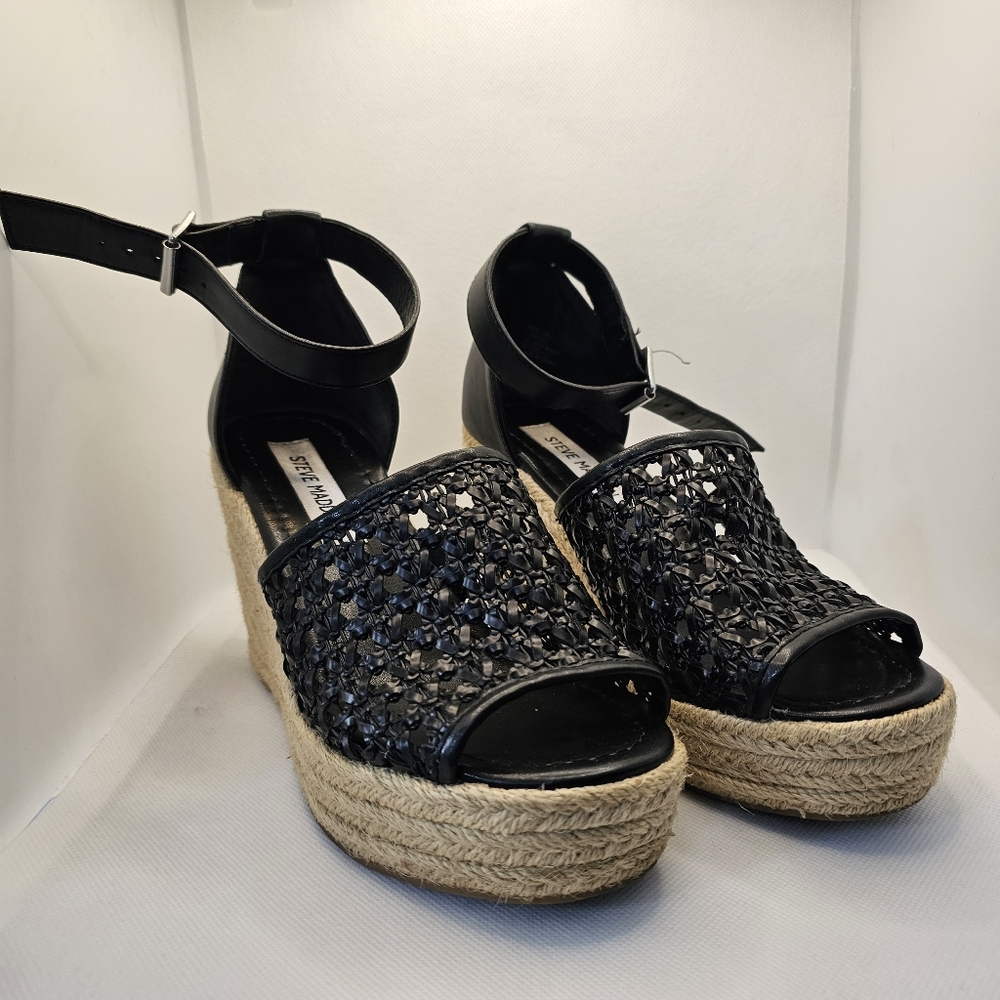 Steve Madden Joni wedge sandal shoes 6.5 heels black espadrilles open toe lace